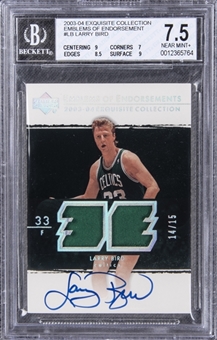 2003-04 UD "Exquisite Collection" Emblems of Endorsement #LB Larry Bird Signed Game Used Patch Card (#14/15) – BGS NM+ 7.5/BGS 10